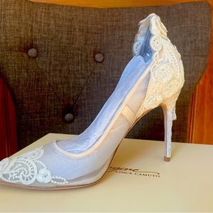 Vince Camuto NIB - never worn. Size 7.5M. Ivory, satin, mesh lace heels.